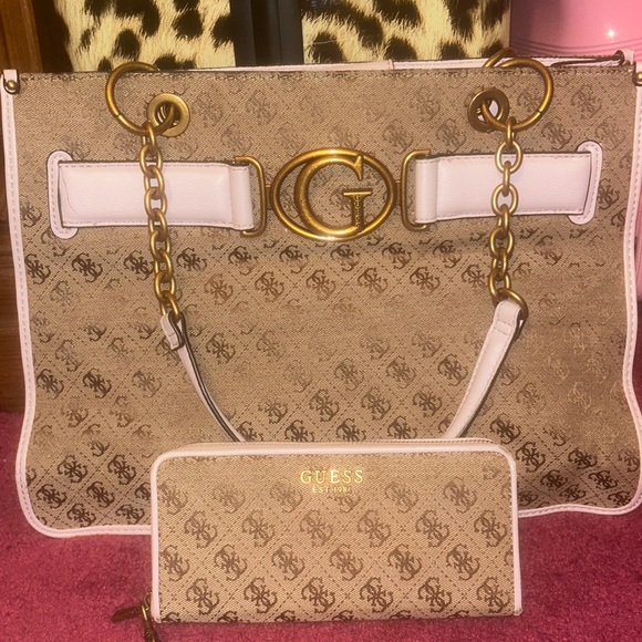Guess Beige and White Monogram Tote with Wallet - Picture 1 of 6